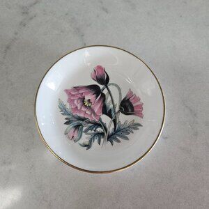 ROYAL WORCESTER FINE BONE CHINA SMALL WHITE PIN DISH W/ PINK FLOWERS & GOLD RIM